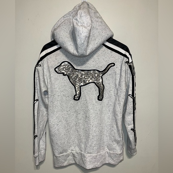 PINK Victoria's Secret Tops - RARE Victoria's Secret Pink Bling Campus Sherpa Hooded Q Zip Silver Dog Ptp 21”